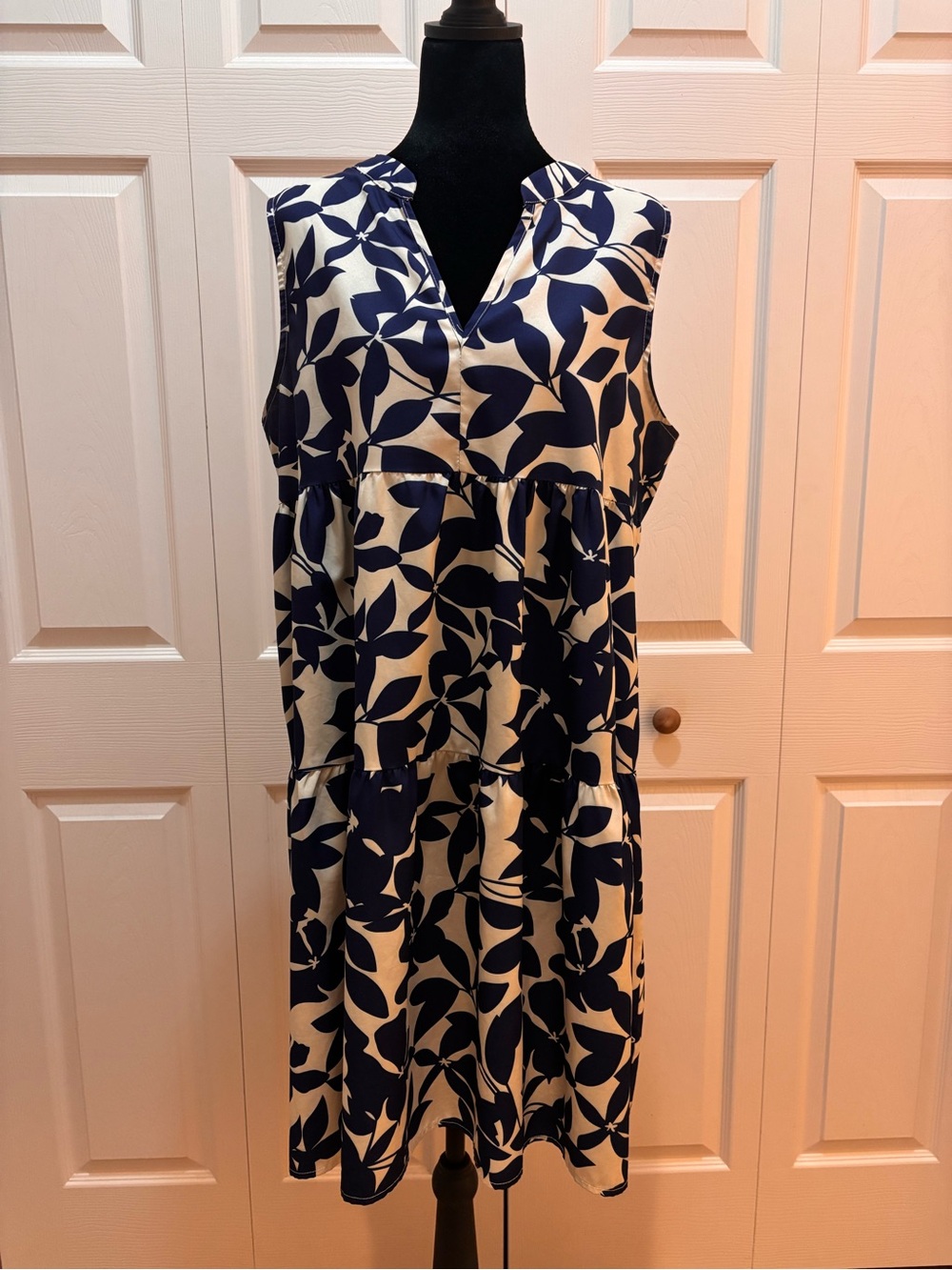 Sleeveless Navy and White Floral Tiered Dress
